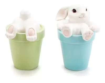 Coelhinhos No Vaso Azul / Verde Color Baby Em Resina