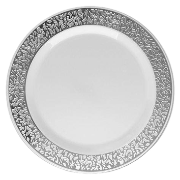 Prato de refeição branco com a borda prata - 6 unidades