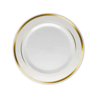 Prato de refeição branco com a borda dourada - 6 unidades